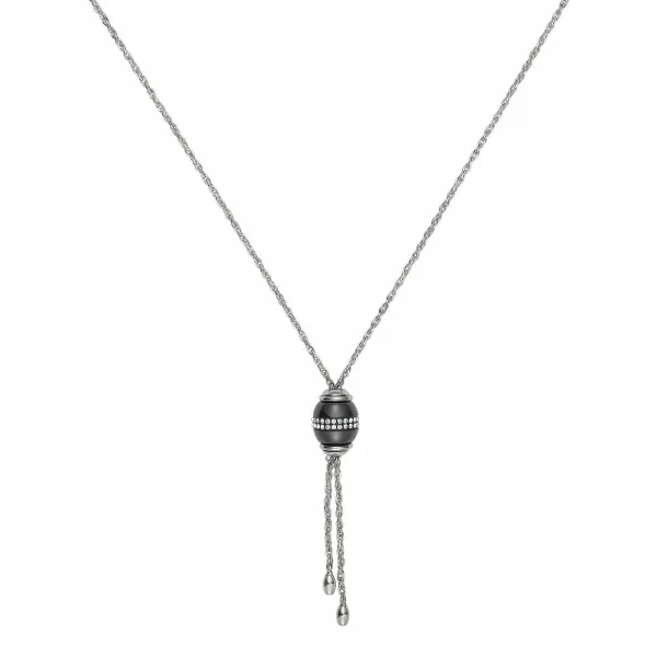 Sautoir acier, Tonneau Ceramique Noire Lisse, Cristal Blanc - 907-033.N - Promo Bijoux Pas Cher