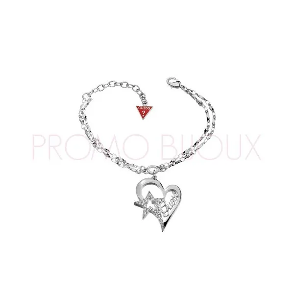 Bracelet Guess UBB 81303 - rhodié argenté étoile sur coeur - Promo Bijoux Pas Cher