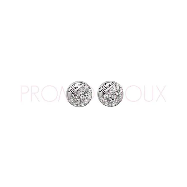 Boucles D'Oreilles Guess Puces Métal Rhodié Argentée et Strass Blancs