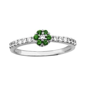 BAGUE ARGENT RHODIE PETITE FLEUR OXYDES VERT AVEC OXYDES BLANCS SUR DEMI ANNEAU, bague femme, 066215E
