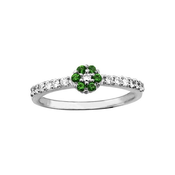 BAGUE ARGENT RHODIE PETITE FLEUR OXYDES VERT AVEC OXYDES BLANCS SUR DEMI ANNEAU, bague femme, 066215E