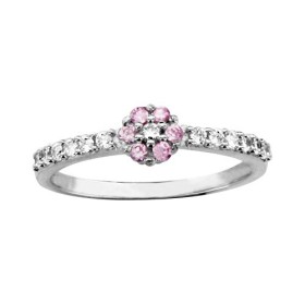 BAGUE ARGENT RHODIE PETITE FLEUR OXYDES ROUGES AVEC OXYDES BLANCS SUR DEMI ANNEAU, bague femme, 066215R
