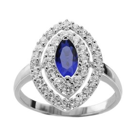 BAGUE ARGENT RHODIE PIERRE CENTRALE NAVETTE BLEU SYNTH ET 2 RANGS OXYDES SERTIS BLANCS, bague femme, 066218B
