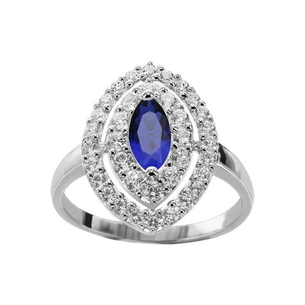 BAGUE ARGENT RHODIE PIERRE CENTRALE NAVETTE BLEU SYNTH ET 2 RANGS OXYDES SERTIS BLANCS, bague femme, 066218B