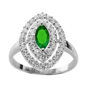 BAGUE ARGENT RHODIE PIERRE CENTRALE NAVETTE VERTE SYNTH ET 2 RANGS OXYDES SERTIS BLANCS, bague femme, 066218E