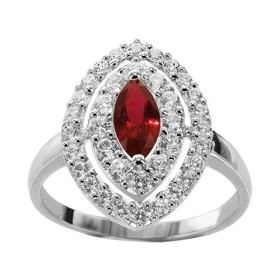 BAGUE ARGENT RHODIE PIERRE CENTRALE NAVETTE ROUGE SYNTH ET 2 RANGS OXYDES SERTIS BLANCS, bague femme, 066218R
