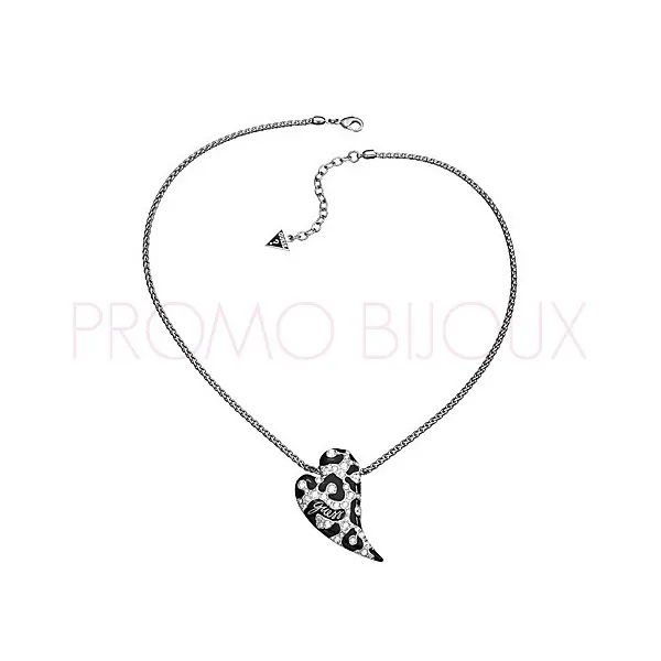 Collier Guess Métal Rhodié Pendentif Coeur Motif Leopard Des Neiges