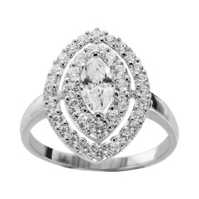 BAGUE ARGENT RHODIE PIERRE CENTRALE NAVETTE BLANCHE SYNTH ET 2 RANGS OXYDES SERTIS BLANCS, bague femme, 066218W