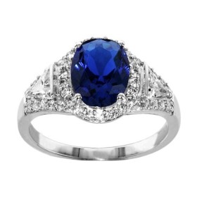 BAGUE ARGENT RHODIE PIERRE OVALE BLEU SYNTH 4 GRIFFES OXYDES SERTIS BLANCS, bague femme, 066219B