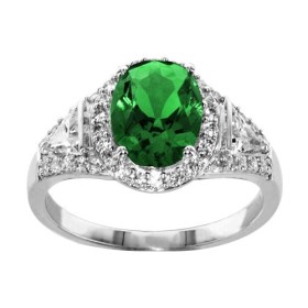 BAGUE ARGENT RHODIE PIERRE OVALE VERTE SYNTH 4 GRIFFES OXYDES SERTIS BLANCS, bague femme, 066219E