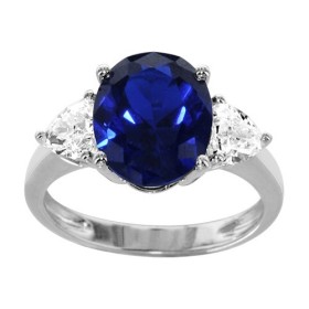 BAGUE ARGENT RHODIE GROSSE PIERRE OVALE BLEU SYNTH ET 2 OXYDES BLANCS TRIANGLES, bague femme, 066220B