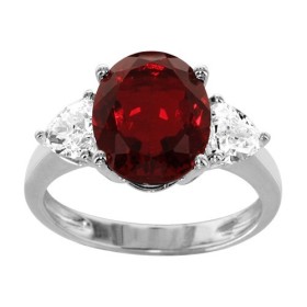 BAGUE ARGENT RHODIE GROSSE PIERRE OVALE ROUGE SYNTH ET 2 OXYDES BLANCS TRIANGLES, bague femme, 066220R
