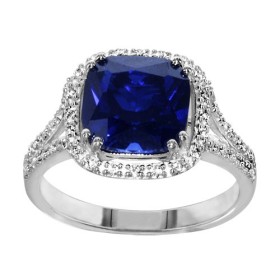 BAGUE ARGENT RHODIE PIERRE CENTRALE CARRE BLEU SYNTH CONTOUR OXYDES SERTIS BLANCS, bague femme, 066222B