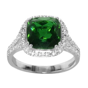 BAGUE ARGENT RHODIE PIERRE CENTRALE CARRE VERTE SYNTH CONTOUR OXYDES SERTIS BLANCS, bague femme, 066222E