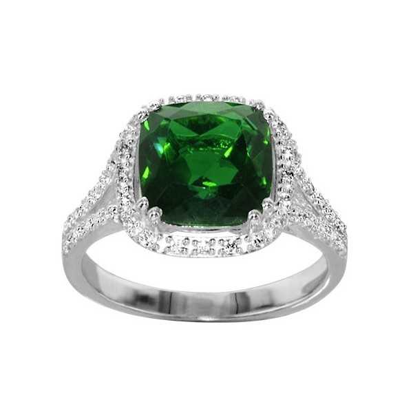 BAGUE ARGENT RHODIE PIERRE CENTRALE CARRE VERTE SYNTH CONTOUR OXYDES SERTIS BLANCS, bague femme, 066222E