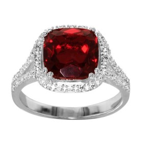 BAGUE ARGENT RHODIE PIERRE CENTRALE CARRE ROUGE SYNTH CONTOUR OXYDES SERTIS BLANCS, bague femme, 066222R