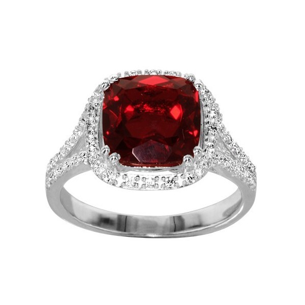 BAGUE ARGENT RHODIE PIERRE CENTRALE CARRE ROUGE SYNTH CONTOUR OXYDES SERTIS BLANCS, bague femme, 066222R