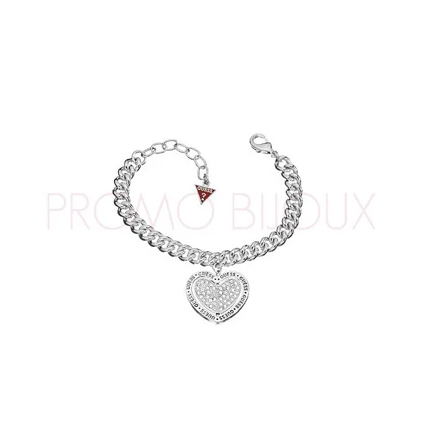 Bracelet Guess en métal argenté rhodié un gros coeur - UBB 11427 - Promo Bijoux Pas Cher