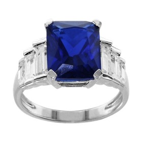 BAGUE ARGENT RHODIE PIERRE RECTANGULAIRE BLEU SYNTH ET 3 OXYDES BLANCS COTE, bague femme, 066230B