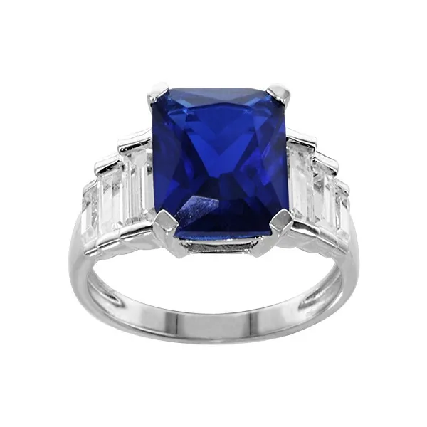 BAGUE ARGENT RHODIE PIERRE RECTANGULAIRE BLEU SYNTH ET 3 OXYDES BLANCS COTE, bague femme, 066230B