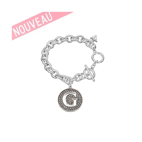 Bracelet Guess en métal rhodié Logo G pavé strass noirs GM - UBB 51425 - Promo Bijoux Pas Cher