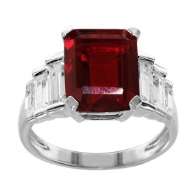 BAGUE ARGENT RHODIE PIERRE RECTANGULAIRE ROUGE SYNTH ET 3 OXYDES BLANCS COTE, bague femme, 066230R