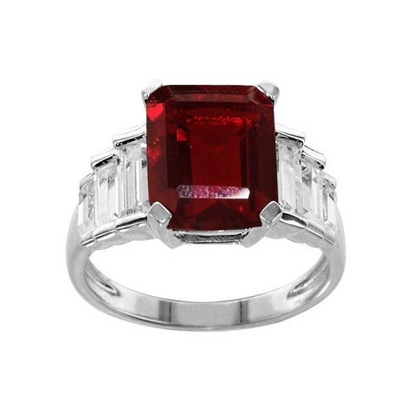 BAGUE ARGENT RHODIE PIERRE RECTANGULAIRE ROUGE SYNTH ET 3 OXYDES BLANCS COTE, bague femme, 066230R