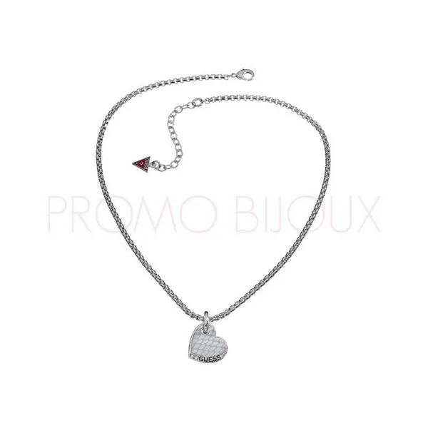 Collier Guess en métal argenté rhodié & cœur en cuir - UBN 11425 - Promo Bijoux Pas Cher