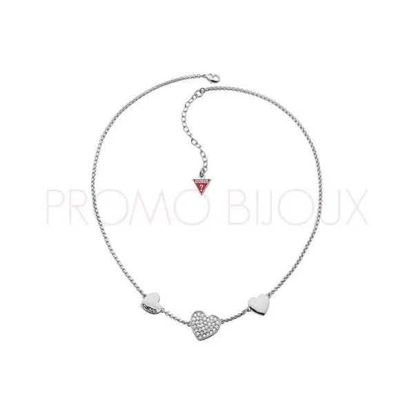 Collier Guess trois petits coeurs en métal argenté rhodié - UBN 11428 - Promo Bijoux Pas Cher