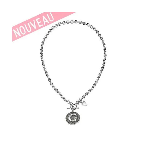 Collier Guess logo G pavé en métal rhodié & strass noirs - UBN 51489 - Promo Bijoux Pas Cher