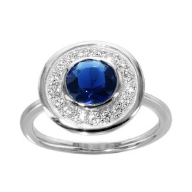 BAGUE ARGENT RHODIE PLATEAU ROND PIERRE CENTRALE BLEU FONCE CONTOUR OXYDES SERTIS, bague femme, 066240B