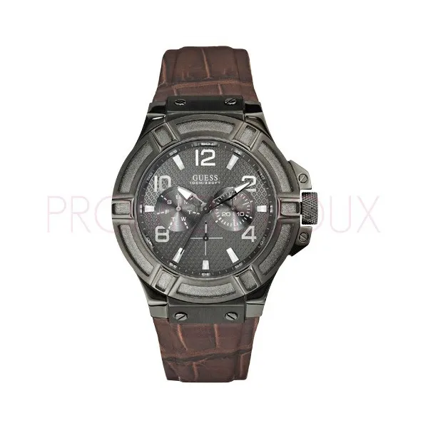 Montre Homme Guess - Modèle Rigor - Boitier Acier Bracelet Cuir - W0040G2 ||Promo Bijoux Pas Cher