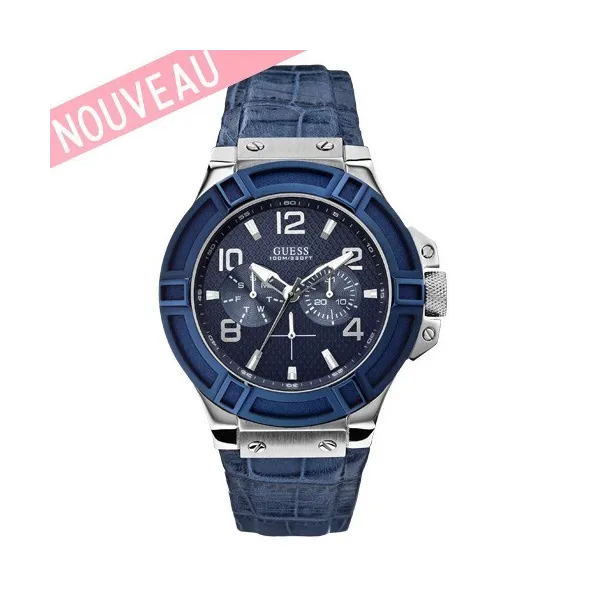 Montre Homme Guess Boitier acier et Bracelet cuir façon croco bleu - W0040G7 ||Promo Bijoux Pas Cher