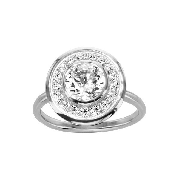 BAGUE ARGENT RHODIE PLATEAU ROND PIERRE CENTRALE BLANCHE SYNTH CONTOUR OXYDES BLANCS SERTIS, bague femme, 066240W