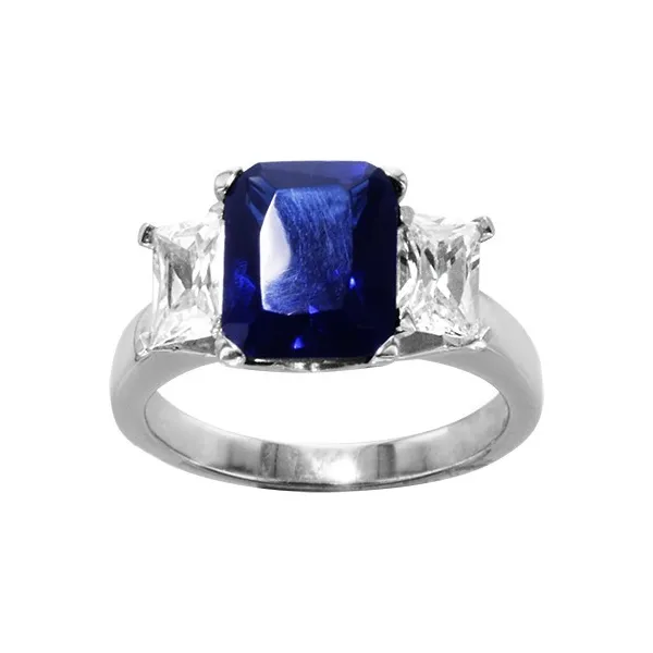 BAGUE ARGENT RHODIE PIERRE BLEU FONCE SYNTH ET 2 OXYDES BLANCS SERTIS COTE, bague femme, 066241B