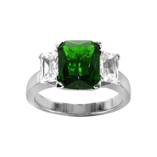 BAGUE ARGENT RHODIE PIERRE VERTE SYNTH ET 2 OXYDES BLANCS SERTIS COTE, bague femme, 066241E