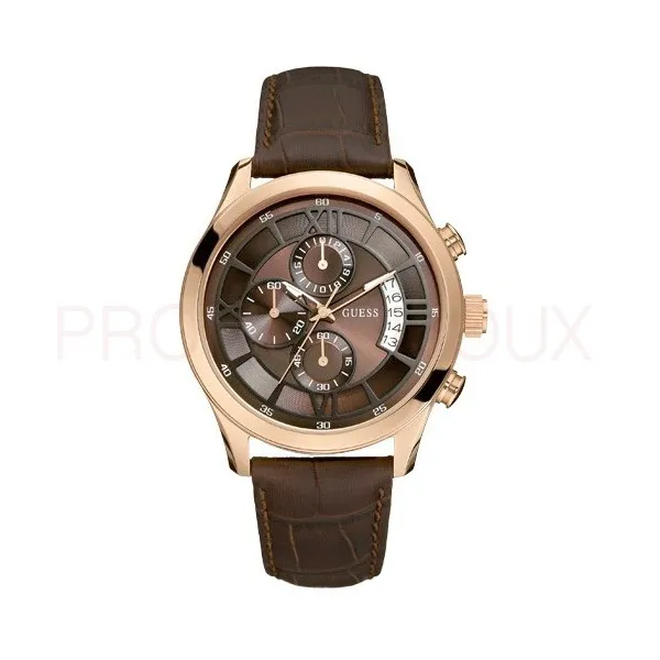 Montre Homme Guess Capitol - Cuir Marron et Métal Rosé - W14052G2 ||Promo Bijoux Pas Cher