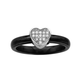 BAGUE ARGENT RHODIE ANNEAU CERAMIQUE NOIRE COEUR OXYDES MICRO SERTIS BLANCS, bague femme, 066324N