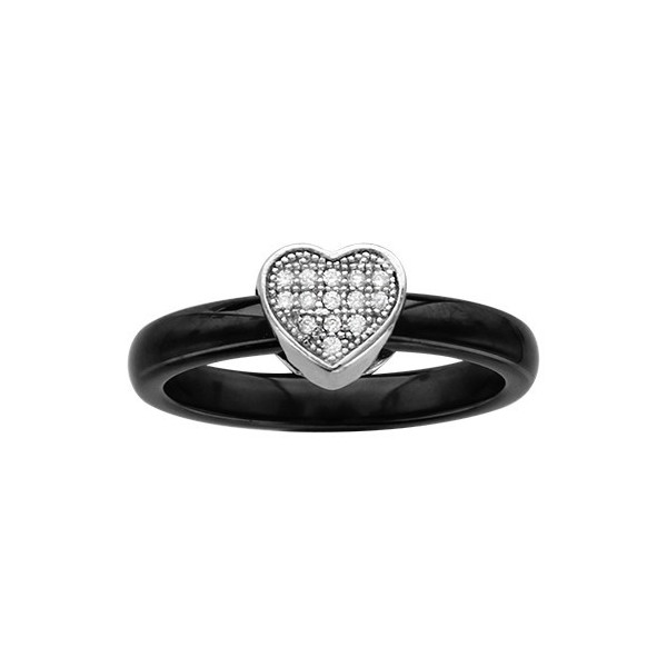 BAGUE ARGENT RHODIE ANNEAU CERAMIQUE NOIRE COEUR OXYDES MICRO SERTIS BLANCS, bague femme, 066324N