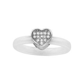 BAGUE ARGENT RHODIE ANNEAU CERAMIQUE BLANCHE COEUR OXYDES MICRO SERTIS BLANCS, bague femme, 066324W