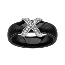 BAGUE ARGENT RHODIE ANNEAU CERAMIQUE NOIRE 2 BARETTES CROISEES OXYDES MICRO SERTIS BLANC, bague femme, 066325N