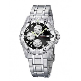 Montre Festina Homme-boitier acier gris-fond noir et argent-bracelet acier gris