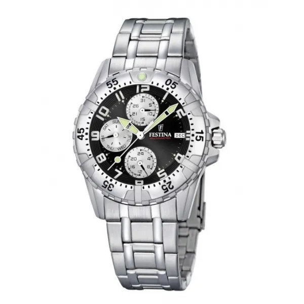 Montre Festina Homme chrono, acier gris, fond noir et argent Promo Bijoux Pas Cher f16059-B
