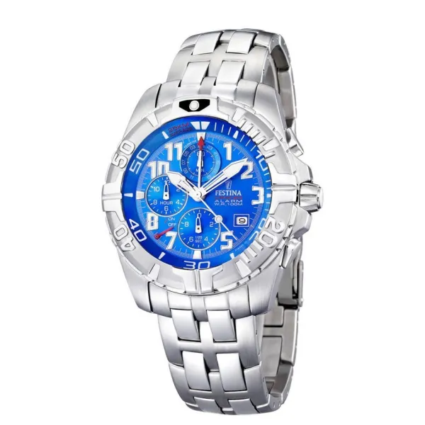 Montre Festina Homme chrono, acier gris, fond bleu Promo Bijoux Pas Cher f16095-1