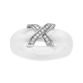 BAGUE ARGENT RHODIE ANNEAU CERAMIQUE BLANCHE 2 BARETTES CROISEES OXYDES MICRO SERTIS BLANC, bague femme, 066325W