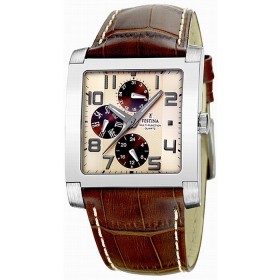 Montre Festina Homme-boitier acier gris-fond beige et marron-bracelet cuir marron