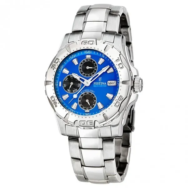 Montre Festina Homme chrono, acier gris, fond bleu et noir Promo Bijoux Pas Cher f16242-4