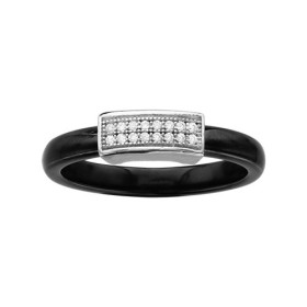 BAGUE ARGENT RHODIE ANNEAU CERAMIQUE NOIRE PETITE BARETTE OXYDES MICRO SERTIS BLANCS, bague femme, 066326N
