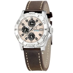 Montre Festina Homme-boitier acier gris-fond beige et noir-bracelet cuir marron