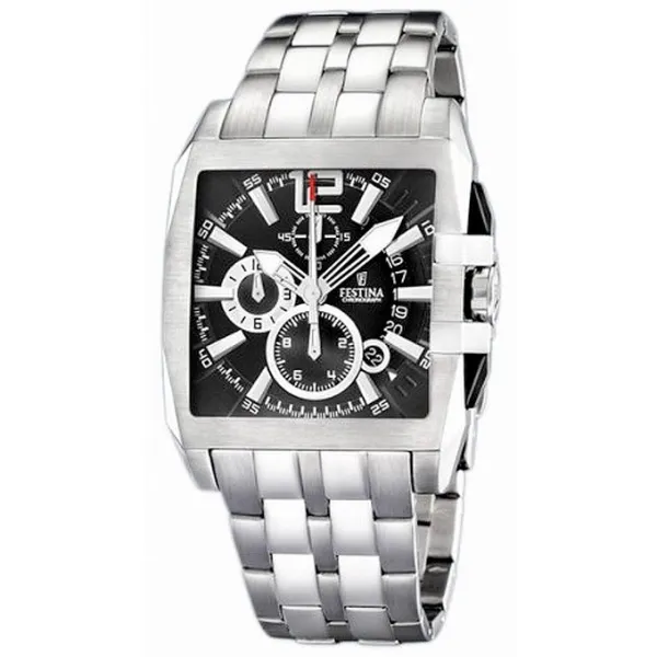 Montre Festina Homme chrono, acier gris, fond noir et argent Promo Bijoux Pas Cher f16393-3